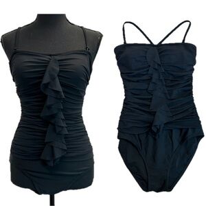 Be Creative black ruched one-piece swimsuit ruffle detail cross-back strap 10
